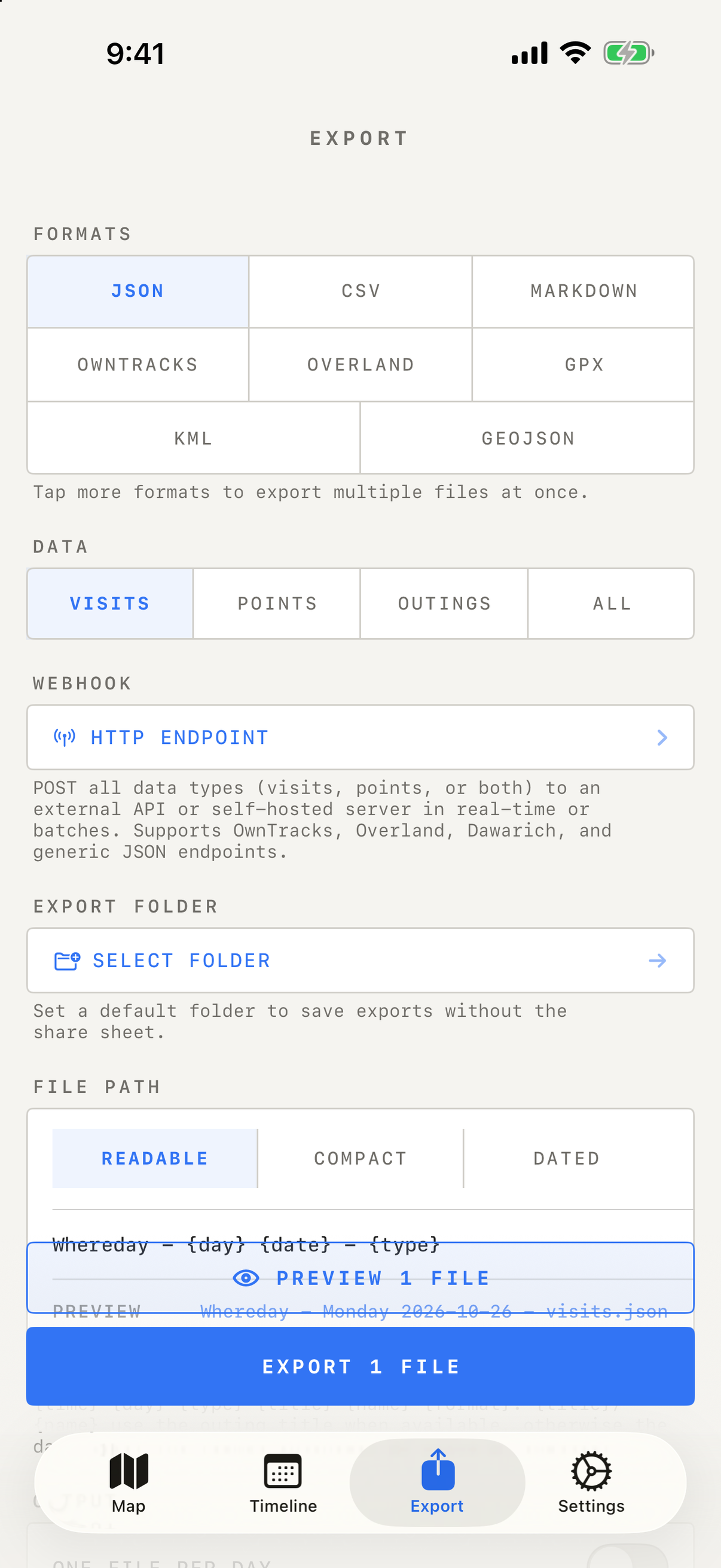 Whereday export screen showing JSON CSV Markdown GPX KML GeoJSON and webhook options
