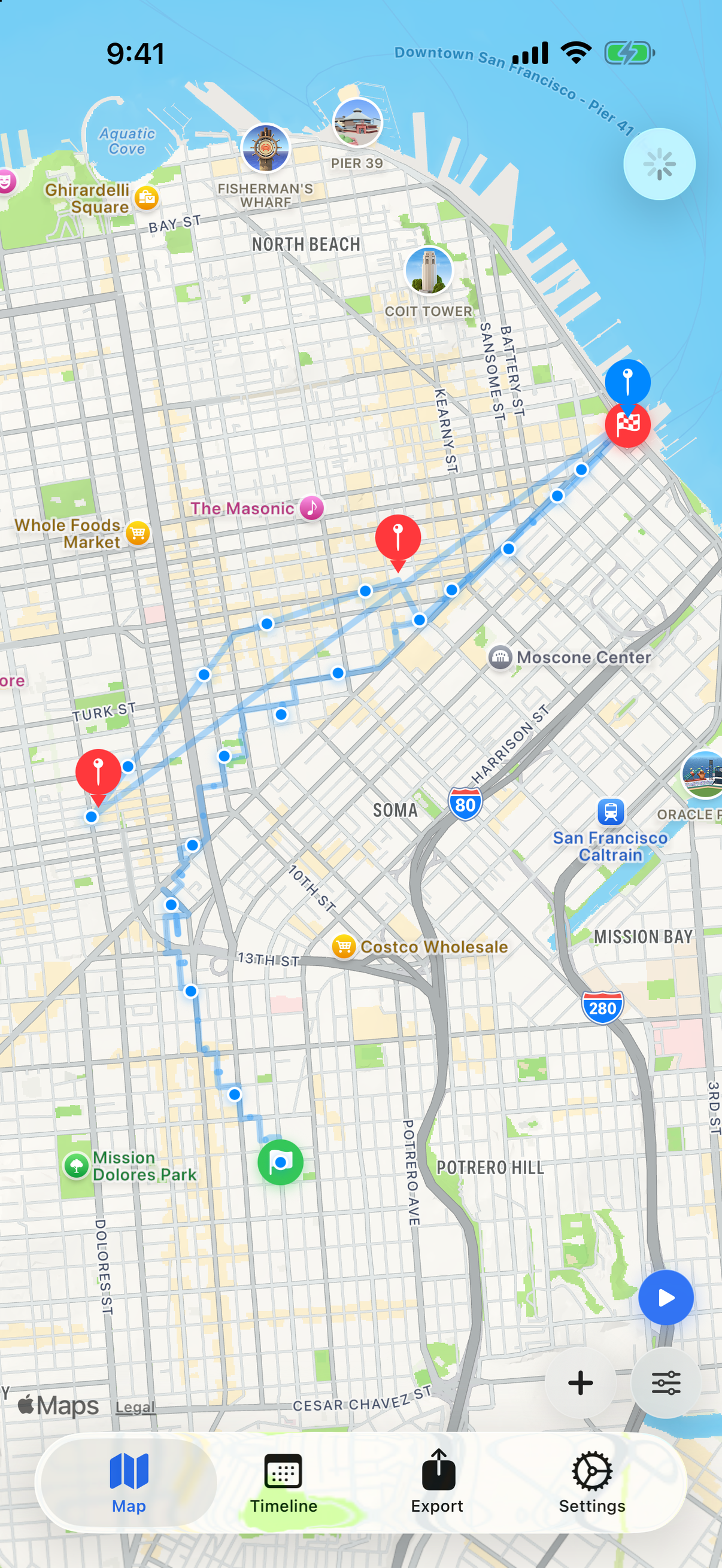Whereday map showing visits and recorded route points in San Francisco