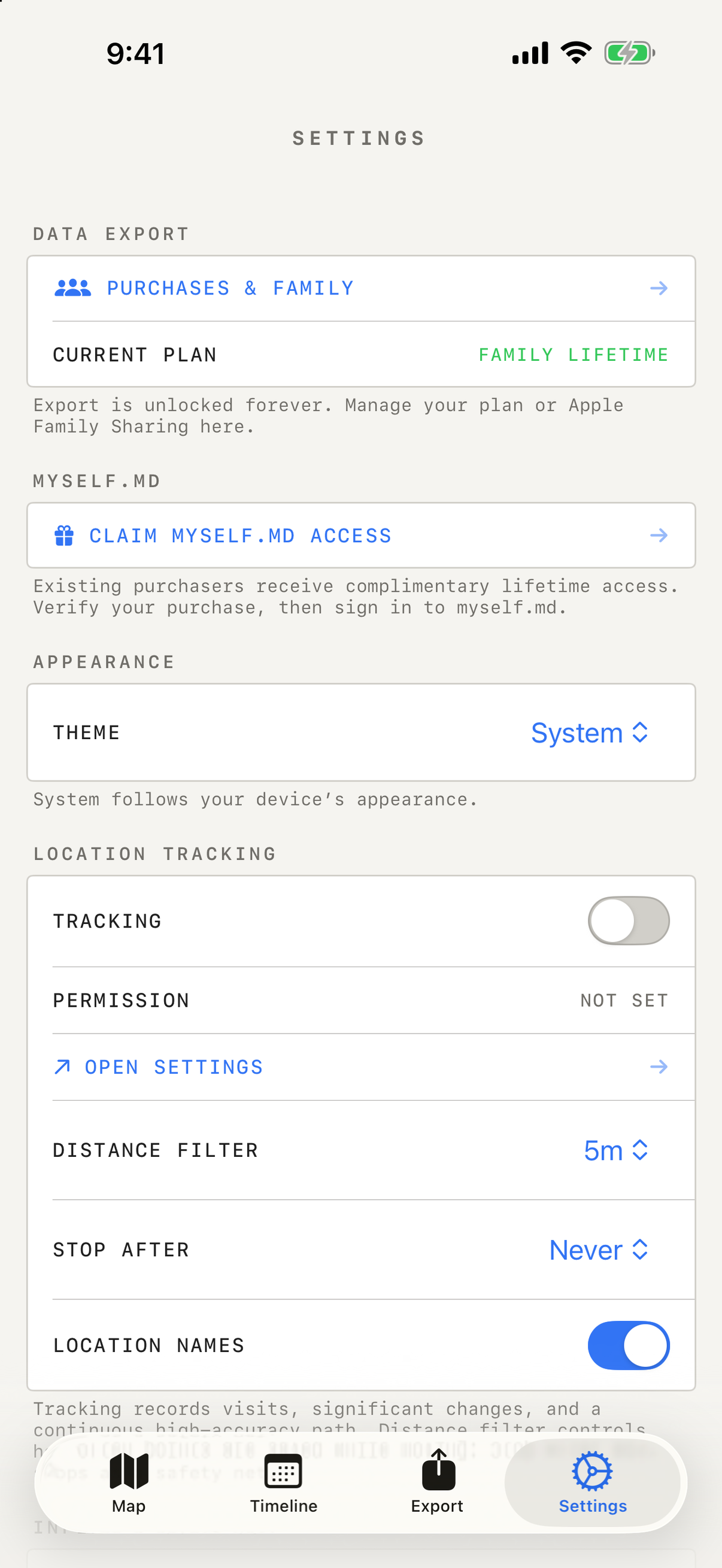 Whereday settings screen with tracking permission distance filter stop after and location names controls