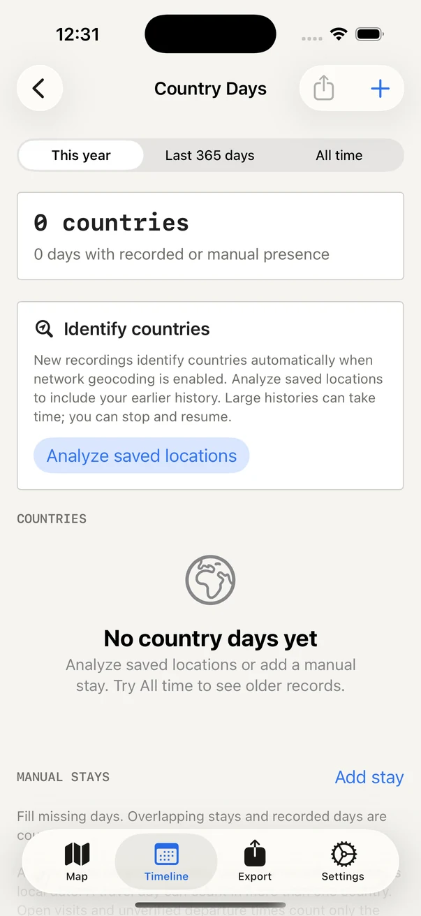 Country Days on iPhone, with period filters, country analysis, and Add stay controls