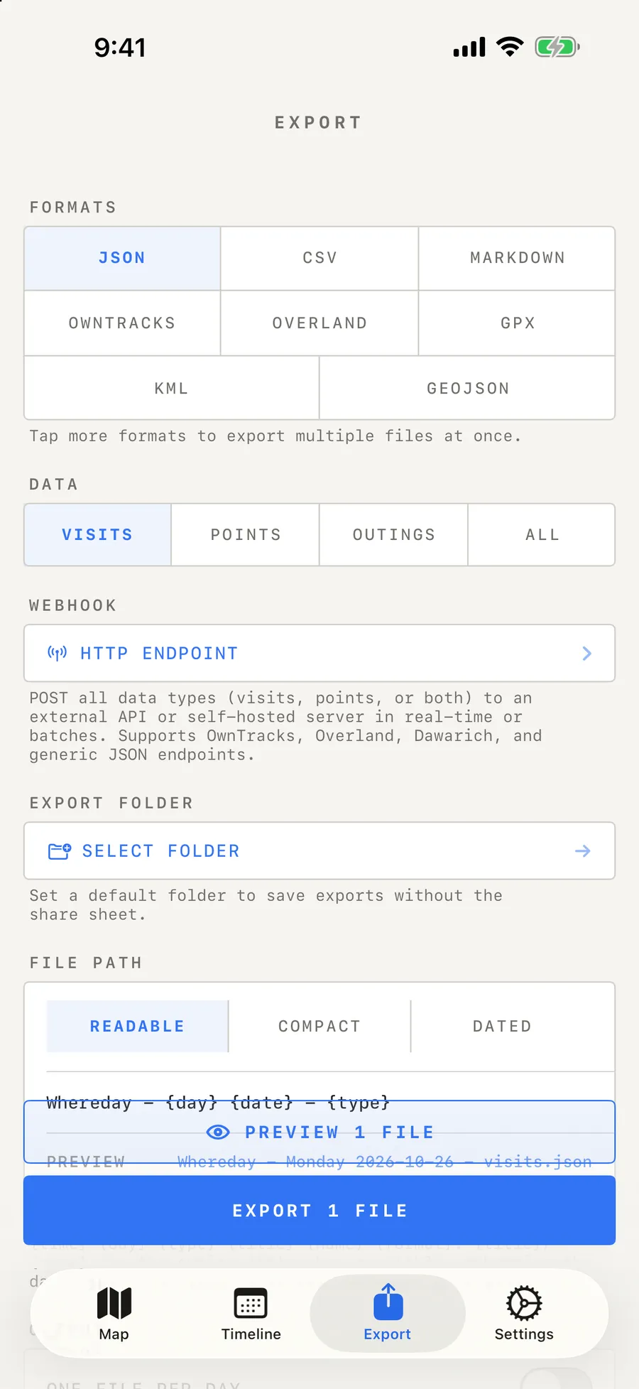 Example Whereday Export screen with data types and file format controls