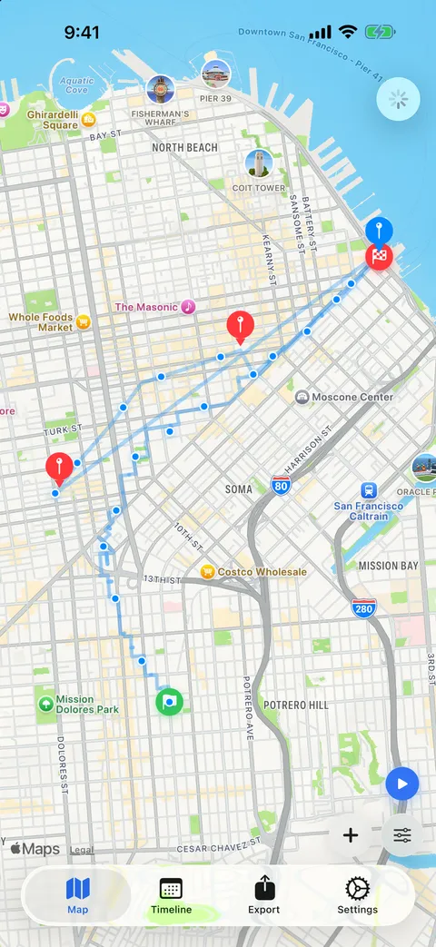 Example Whereday map interface with visit markers and recorded route points