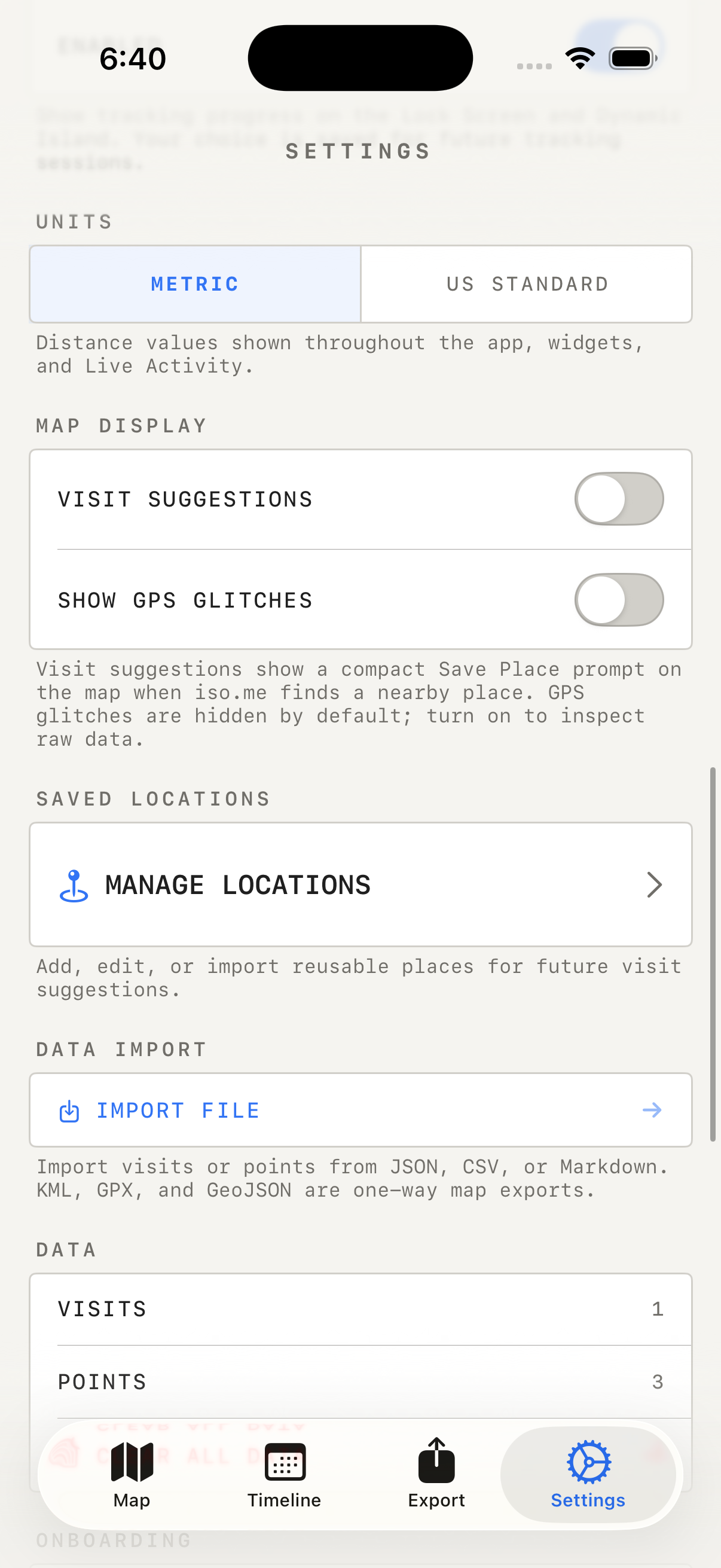 Isolated Whereday simulator Settings after an app restart, showing one saved visit and three saved points from the synthetic JSON files